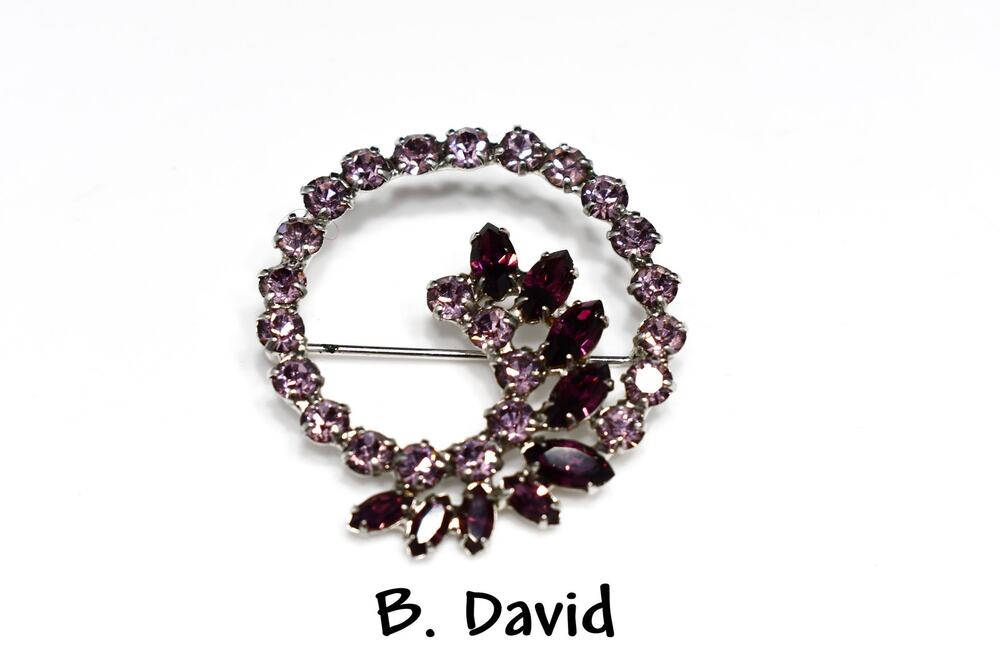 Vintage 1960s B David Purple Rhinestone Floral Brooch, Rhodium Plated